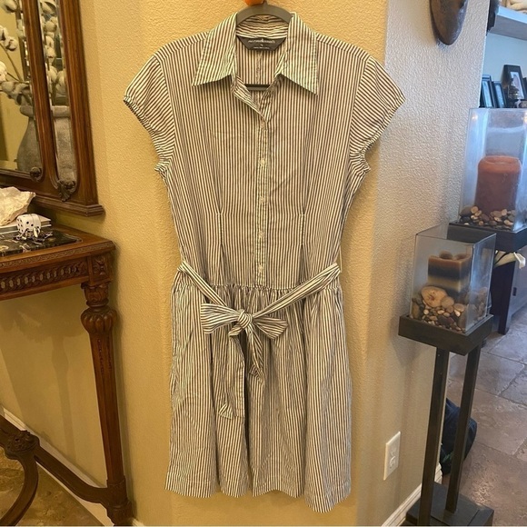 NORMAKAMALI Women Gray White Striped Buttoned Tie Waist Dress Size Large - Picture 1 of 9